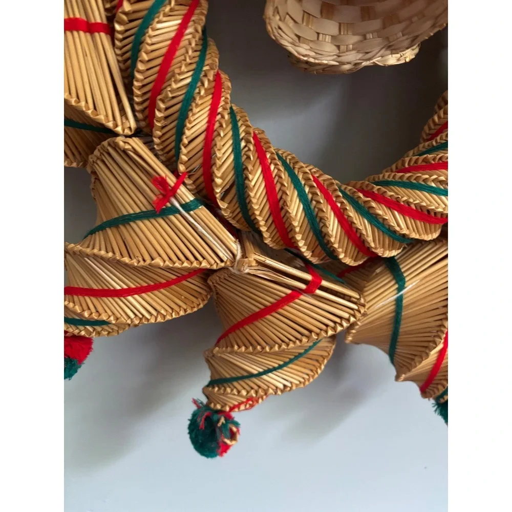 Vintage Scandanavian Hand Woven Straw Christmas Wreath Star Pom Poms Bell 23